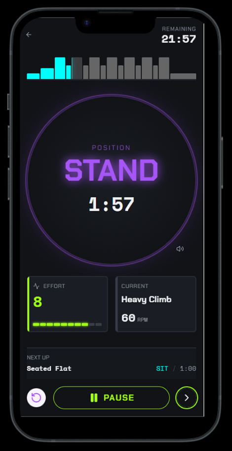 Active workout screen displaying current position instruction to stand, countdown timer at 1:57, effort level of 8, and Heavy Climb workout at 60 RPM