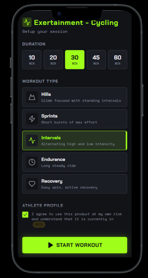 Exertainment workout setup screen showing duration options from 10 to 60 minutes and workout types including Hills, Sprints, Intervals, Endurance, and Recovery